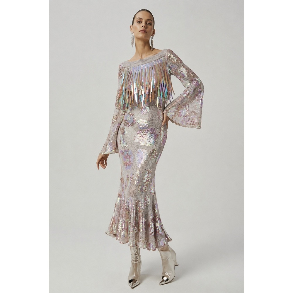 Talbot Runhof Iridescent Sequin Mesh Dress 8 Avant Garde Camp Editorial Mermaid